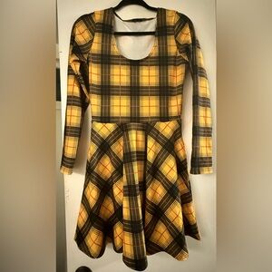 BlackMilk Yellow and Black Plaid Fit-and-Flare Circle Dress
